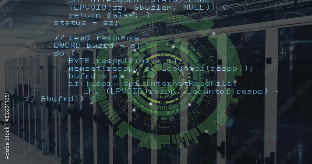 Poster Image of data coding and circular scanner over server room