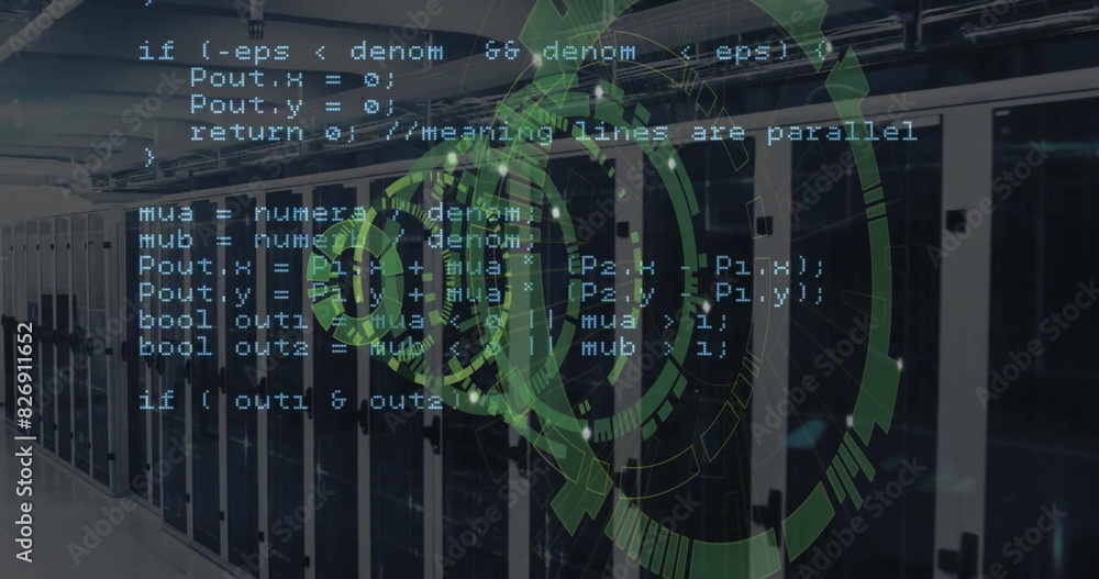 Poster image of data coding and circular scanner over server room