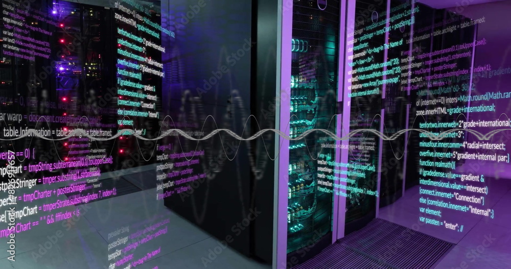 Poster image of layers of data processing on interface screens over computer server room