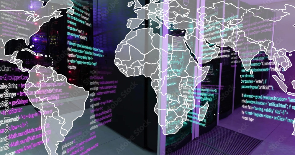 Poster Image of world map and data processing over computer server room