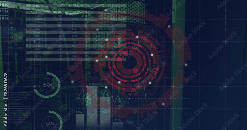 Poster image of circular scanner and data processing on interface screens over computer server room