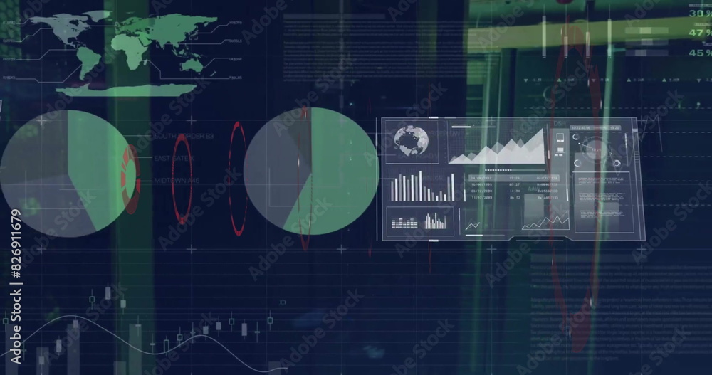 Poster image of circular scanner and data processing on interface screens over computer server room
