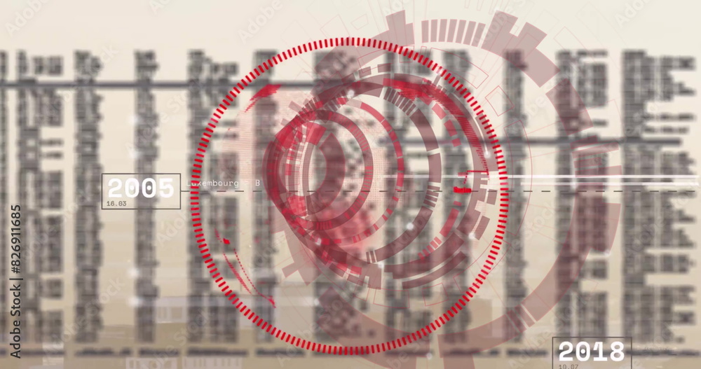 Poster image of circular scanner, red globe and data processing over cityscape
