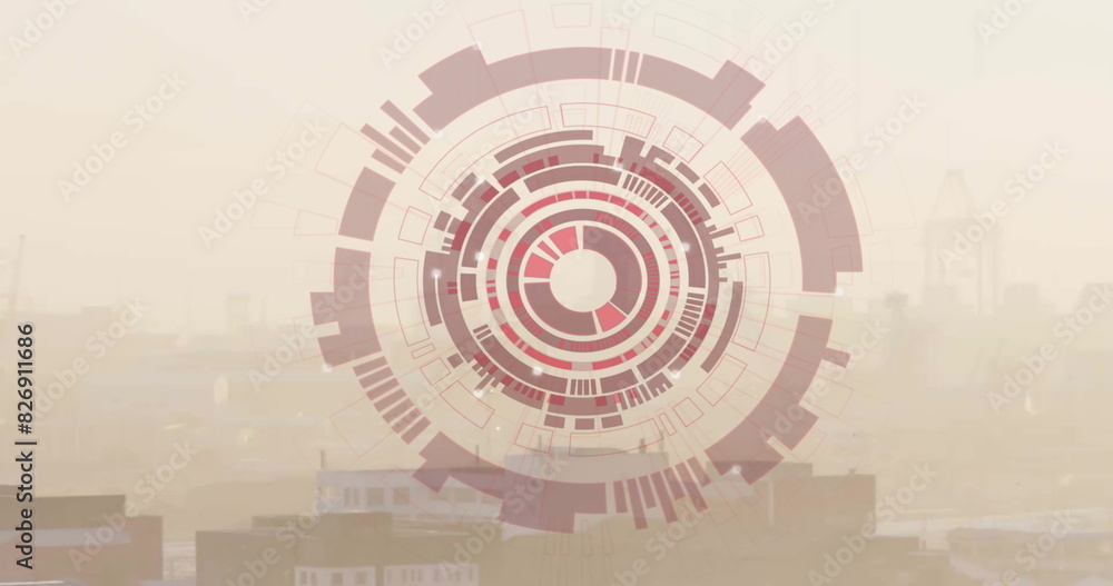 Poster image of circular scanner, red globe and data processing over cityscape