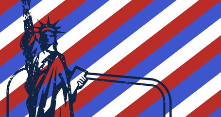 Image of stripes and stars coloured with flag of usa over statue of liberty