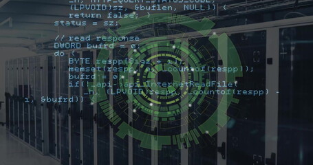 Image of data coding and circular scanner over server room