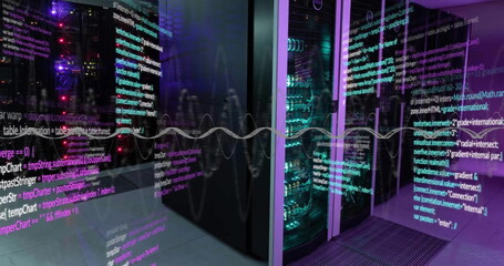 Image of layers of data processing on interface screens over computer server room