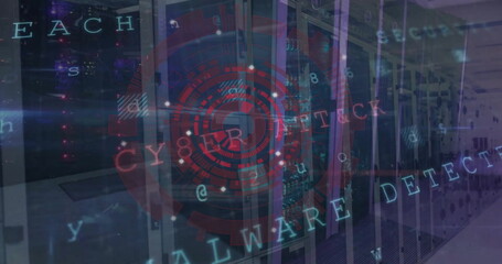 Image of circular scanner, data processing and security warning text over computer server room