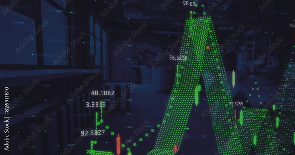 Poster image of statistics and financial data processing over office