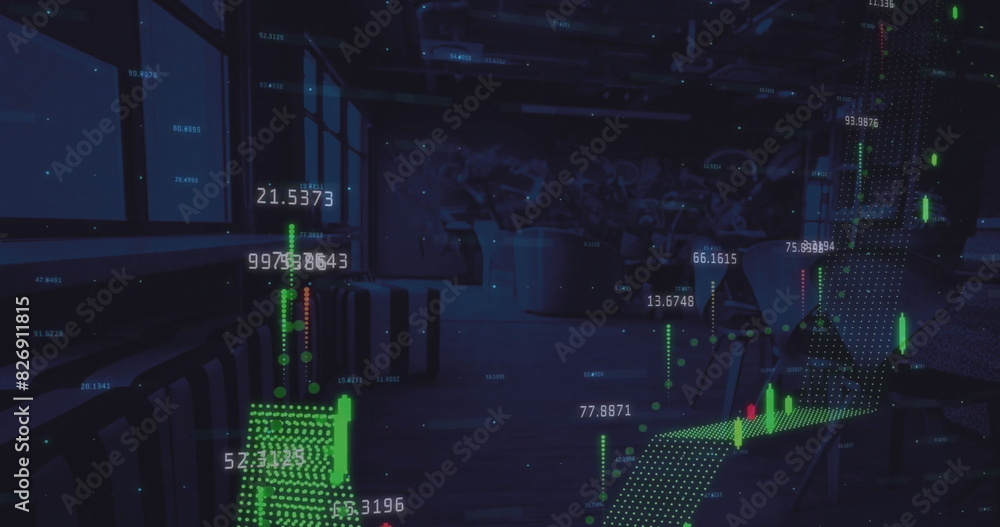 Poster image of statistics and financial data processing over office