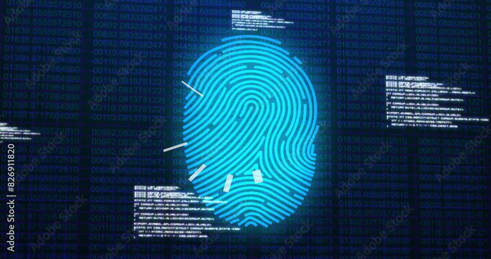 Poster image of data processing over biometric fingerprint on dark background
