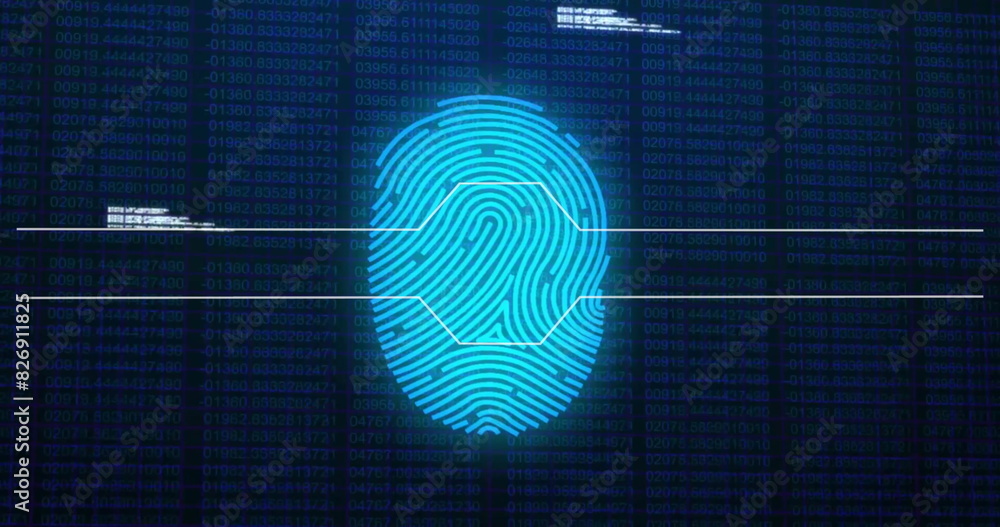 Poster image of data processing over biometric fingerprint on dark background
