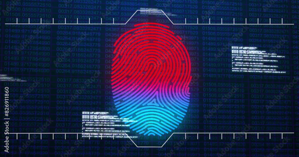 Poster image of data processing over biometric fingerprint on dark background
