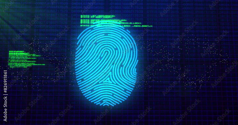 Poster image of data processing over biometric fingerprint on dark background