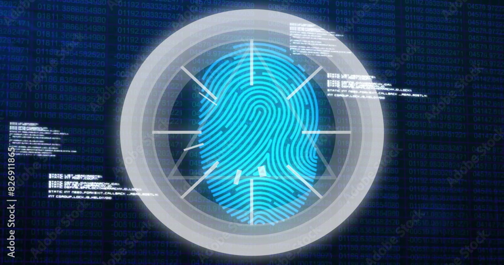 Poster image of data processing over biometric fingerprint on dark background