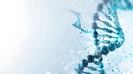 Abstract Background - A blue DNA double helix on a light background, surrounded by particles, symbolizing genetics