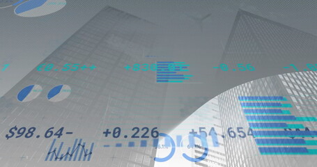 Image of financial data processing over cityscape