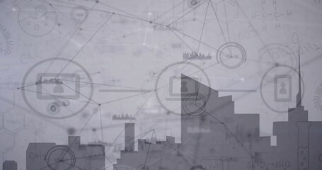 Image of financial data processing over cityscape