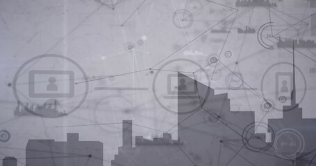 Image of financial data processing over cityscape