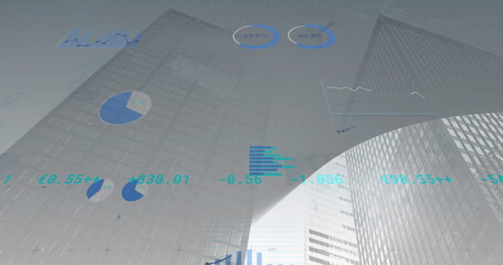 Image of financial data processing over cityscape
