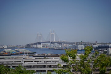 日本の横浜の港の見える丘公園からの風景　横浜ベイブリッジ