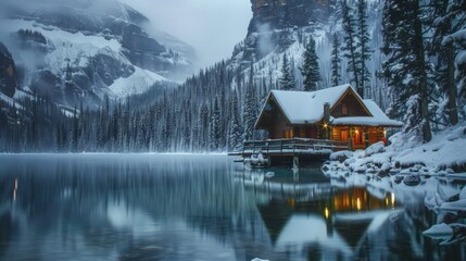 Fototapeta premium Experience the enchanting winter landscape of Emerald Lake in Yoho National Park, British Columbia. The glowing wooden lodge amidst snow-covered rocky mountains