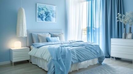 Modern bedroom with pastel blue accents, including a pastel blue bedspread, matching curtains, and a sleek white dresser