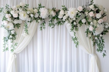 white silk curtains with floral arch and roses for wedding ceremony decor. Realistic photo,