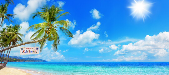 Here is Koh Samui - wooden sign on palm tree, paradise tropical island, sea sand beach panorama...