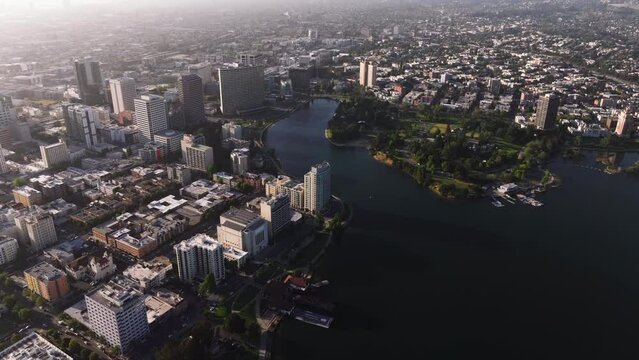 Aerial photography of Lake Merritt downtown Oakland California
