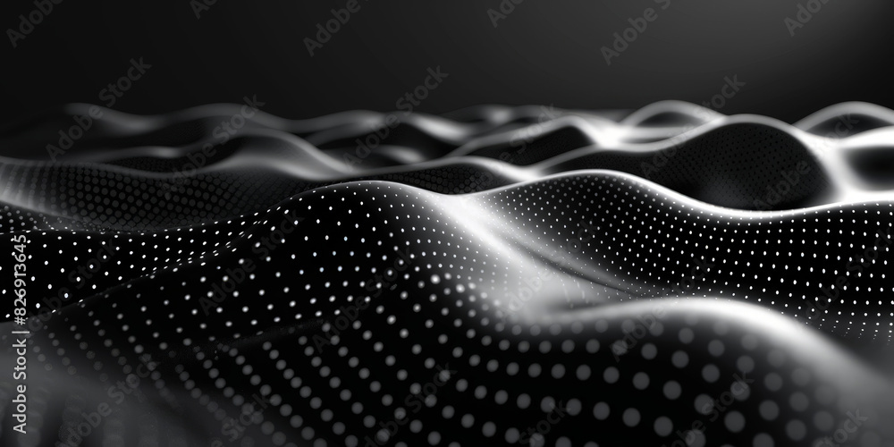 Poster black background with white lines wave dots representing digital binary data. concept for big data, 