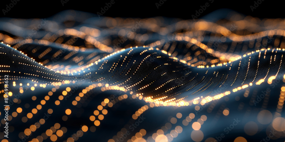 Poster black background with white lines wave dots representing digital binary data. concept for big data, 