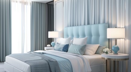 Modern bedroom with pastel blue tones, featuring a pastel blue headboard, light blue bedside lamps, and elegant floor-to-ceiling drapes