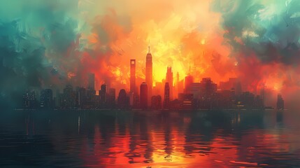 city skyline silhouetted againstbackdrop of soft liquid hues