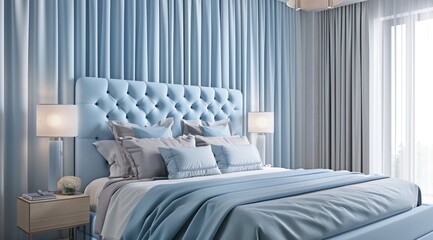 Modern bedroom with pastel blue tones, featuring a pastel blue headboard, light blue bedside lamps, and elegant floor-to-ceiling drapes