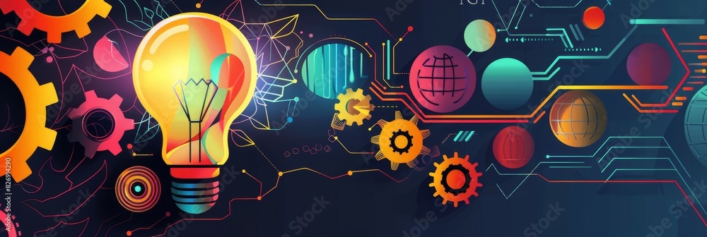 Poster conceptual technology and innovation design - a colorful digital artwork combining a light bulb with