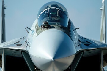 A close-up of the nose of a fighter jet, exuding power and majesty.

