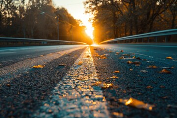 A highway near trees during golden hour, showcasing the harmony between nature and road.

