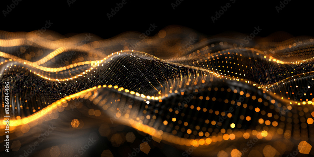 Poster black background with white lines wave dots representing digital binary data. concept for big data, 