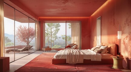 Modern bedroom with pastel red color theme, featuring soft red walls, minimalist furniture, and large windows