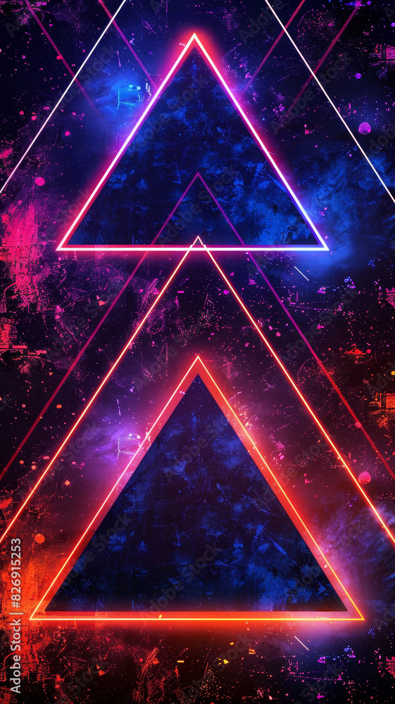 Poster vibrant neon triangles in cosmic setting - this image features three neon-lit triangles against a ga