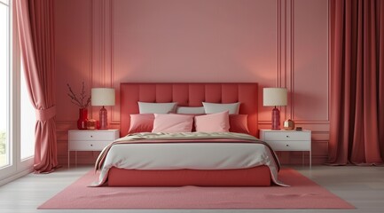 Modern bedroom with pastel red tones, featuring a pastel red headboard, light red bedside lamps, and elegant floor-to-ceiling drapes