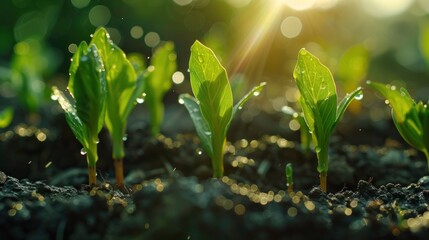 Young juicy green Shoots sprouts of wheat in the sunlight