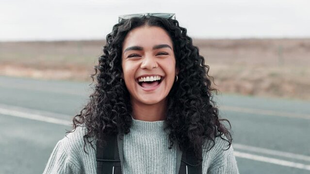 Road, hiking and portrait of woman in countryside for journey, safety or immigration. Smile, travel and person with backpack for safe destination, flee war or waiting for lift on highway in Germany