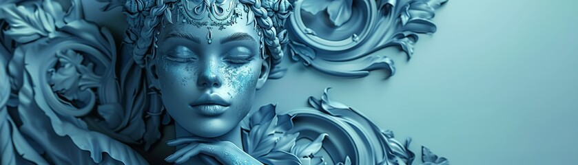 retroinspired priestess embodying elegance and sophistication in Slate Blue hues , 3D