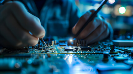 Naklejka premium Computer Engineer at Work with DJ Equipment