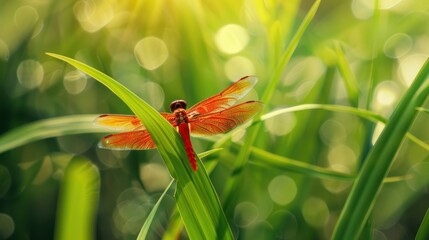 gracious red dragonfly on a blade of grass, wings wide open, macro photo. elegant and fragile insect from the odonata family near a pond in the jungle - Powered by Adobe