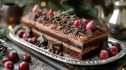 A chocolate log cake is displayed on a silver platter, garnished with shavings, fruit, and...