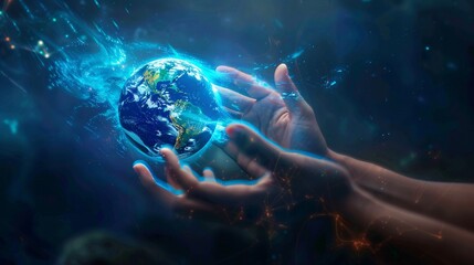 A conceptual image showcasing hands manipulating a holographic projection. One hand holds a glowing blue orb, while the other gestures in a controlling manner. The orb distorts, revealing a detailed