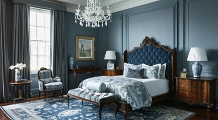 Modern classic blue bedroom showcasing a sophisticated blue and white color scheme, classic wooden furniture, and crystal chandelier